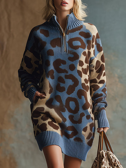 Robe Mini Vintage en Tricot Bleu à Motif Léopard avec Demi-Zip