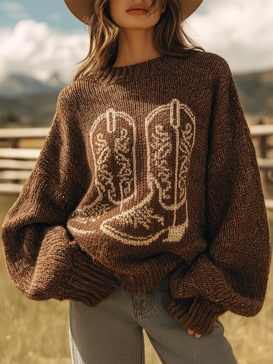 Pull Vintage Col Rond à Motif de Bottes Western