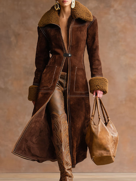 Veste en Faux Suède et Sherpa avec Poches Doubles à Rabat