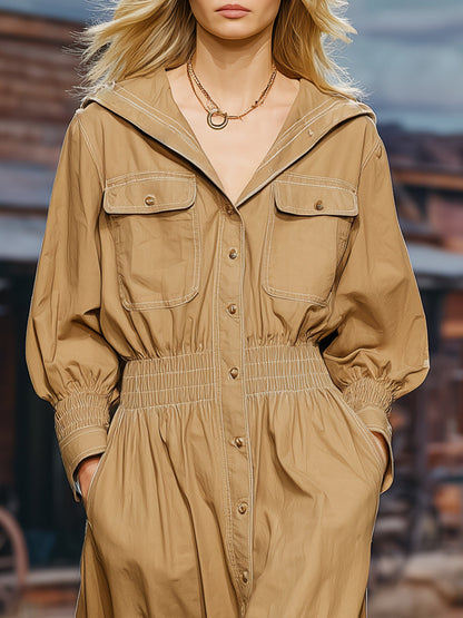 Robe Midi Kaki à Manches Longues avec Volants au Style Rétro