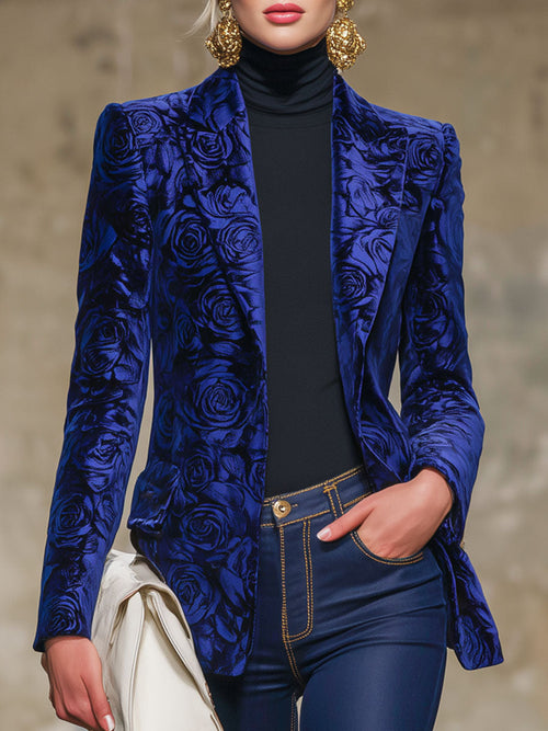 Veste en velours à revers avec motif de roses bleu royal