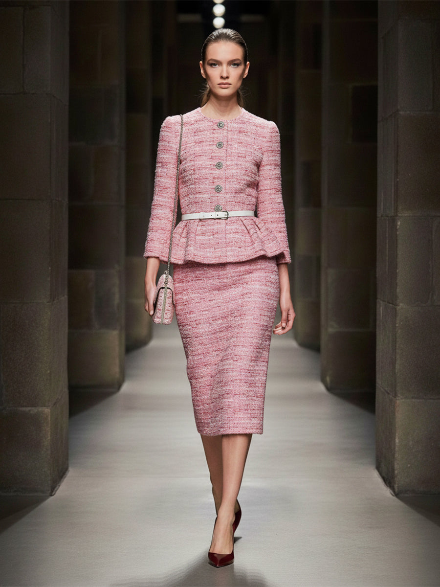 Ensemble Élégant en Tweed Rose : Veste et Jupe avec Détails en Boutons Argentés et Volants