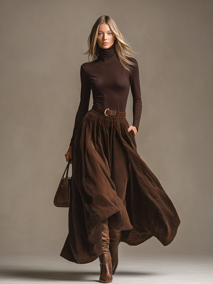 Ensemble Chic : T-shirt Col Roulé Vintage et Jupe en Velours Côtelé