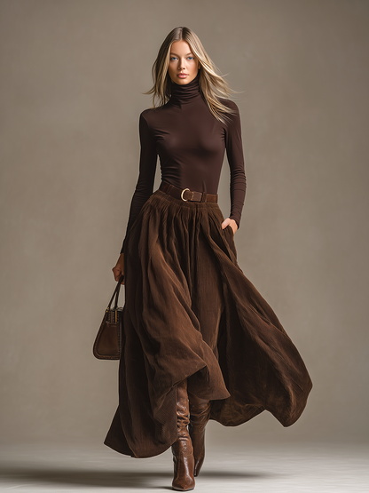 Ensemble Chic : T-shirt Col Roulé Vintage et Jupe en Velours Côtelé