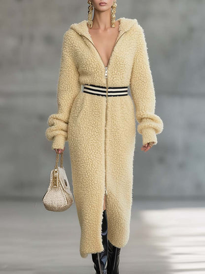 Exquisite Retro Sporty Hooded Midi Fleece Robe in Vibrant Yellow with V-Neck and Front Zipper