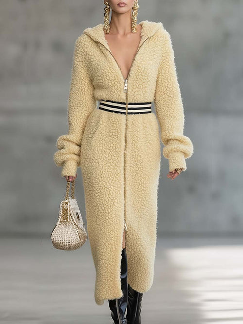 Exquisite Retro Sporty Hooded Midi Fleece Robe in Vibrant Yellow with V-Neck and Front Zipper