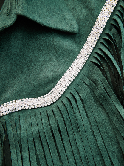 Chemise Bohémienne en Suède à Franges - Col Revers Rétro, Manches Longues - Expédition en 24 Heures