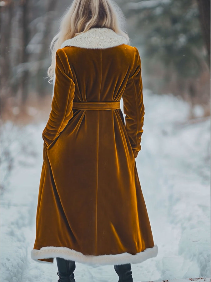 Veste Longue en Velours Vintage avec Poches - Lâche et Élégante en Laine à Boutonnage Simple