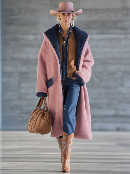 Veste Longue en Polaire au Style Nomade Urbain - Bleu Marine et Rose