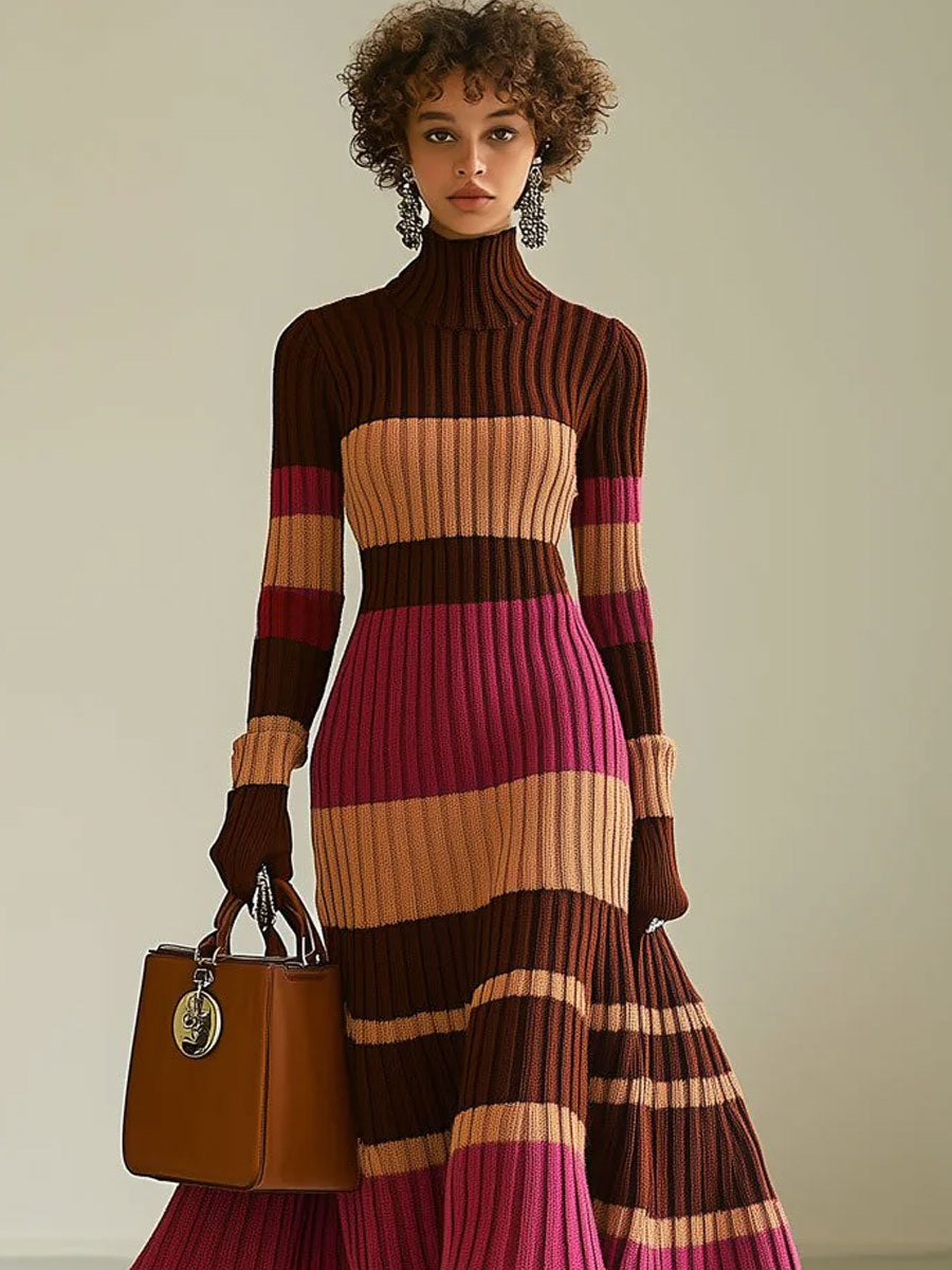 Robe Midi Tricotée à Col Montant - Style Rétro avec Rayures Colorées, Expédition Rapide en 24 Heures