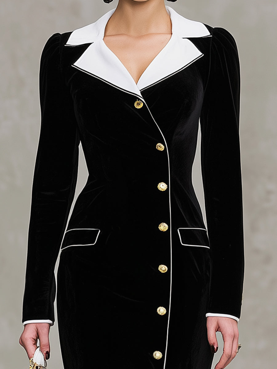 Maxi Velour Robe Noir avec Col Blanc Élégant et Détails Contrastants