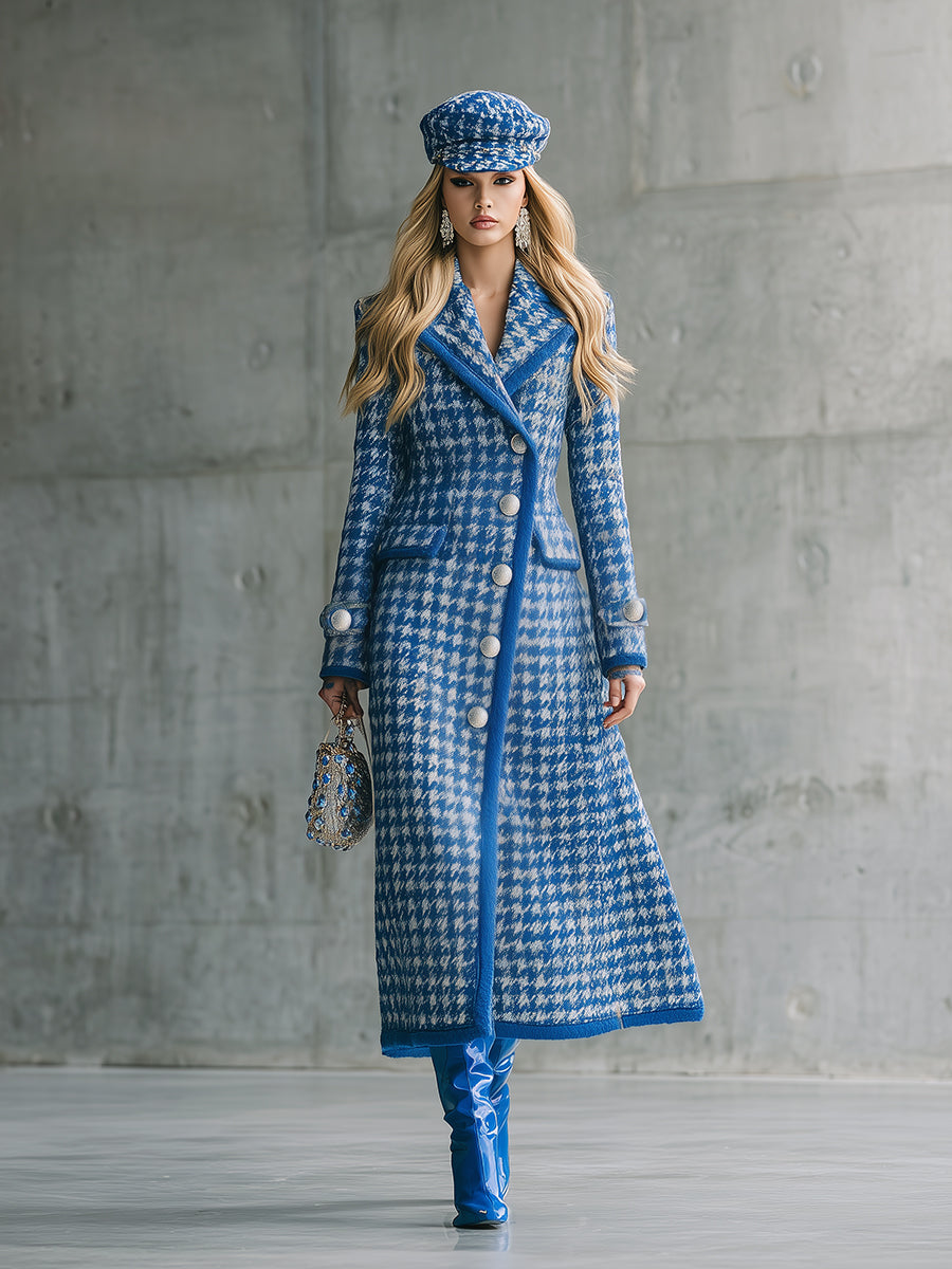 Chic Long Houndstooth Coat in Retro Blue