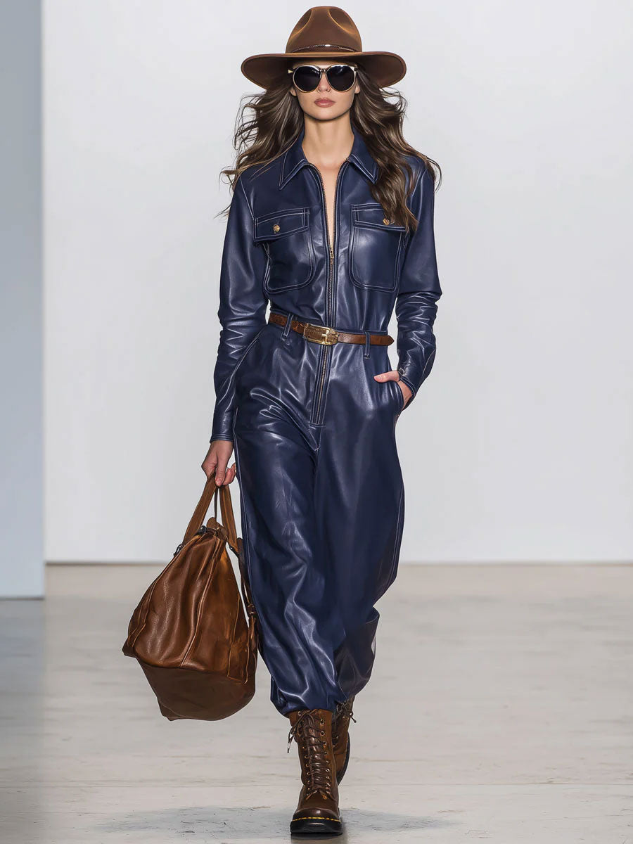 Combinaison Rétro en Simili Cuir Bleu Foncé - Manches Longues et Jambes Amples avec Détails à Lacets