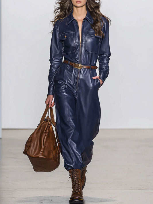 Combinaison Rétro en Similicuir Bleu Foncé à Manches Longues avec Détails à Lacets et Pantalon Large