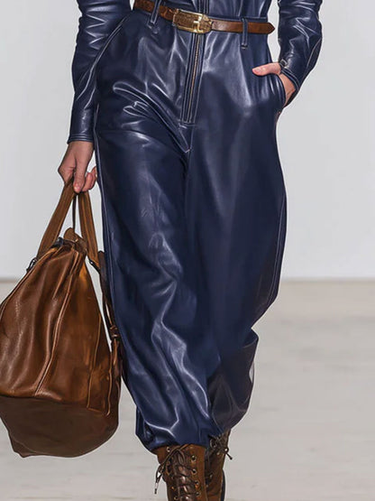 Combinaison Rétro en Similicuir Bleu Foncé à Manches Longues avec Détails à Lacets et Pantalon Large