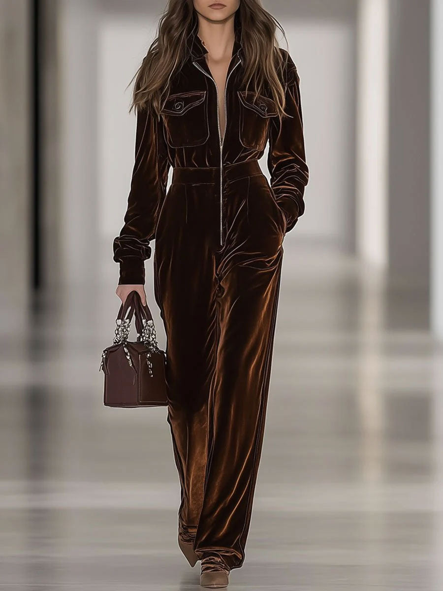 【Expédition en 24 heures】Combinaison Vintage en Velours Ample avec Poches Multiples et Fermeture Éclair - Manches Longues