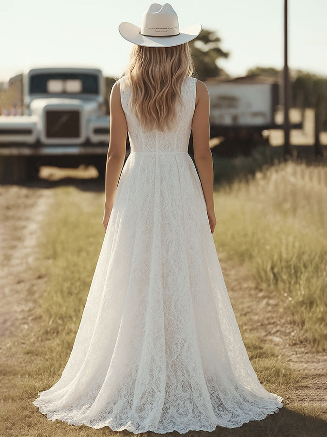 Robe Maxi en Dentelle Blanche Rétro Western - Jupe Irrégulière, Expédition Rapide en 24h!
