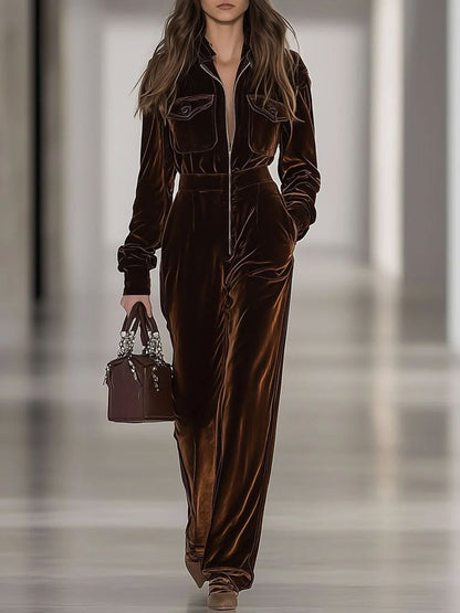 Combinaison Vintage en Velours Ample avec Poches Multiples et Fermeture Éclair - Expédition sous 24 heures