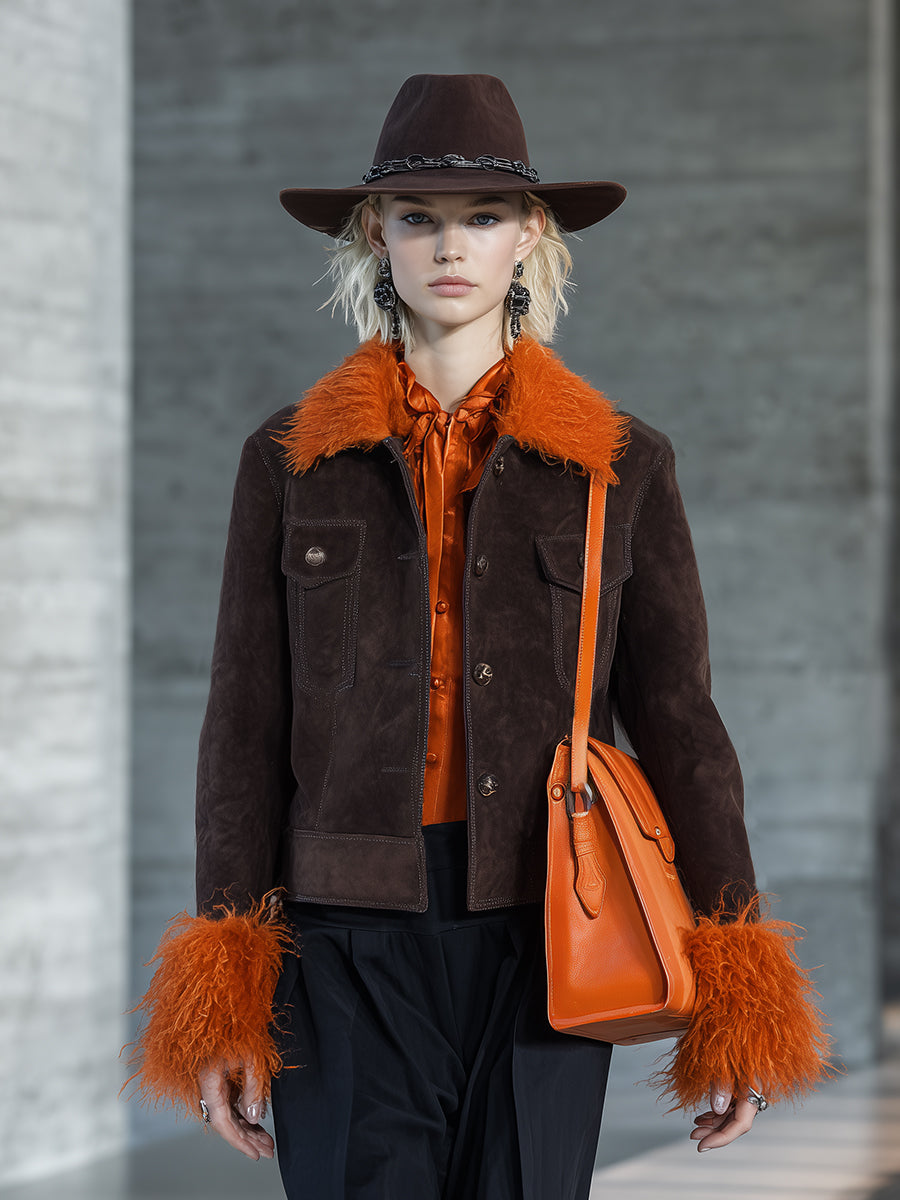 Veste en Suède Marron avec Col en Fourrure Synthétique Orange - Élégance et Style Haut de Gamme