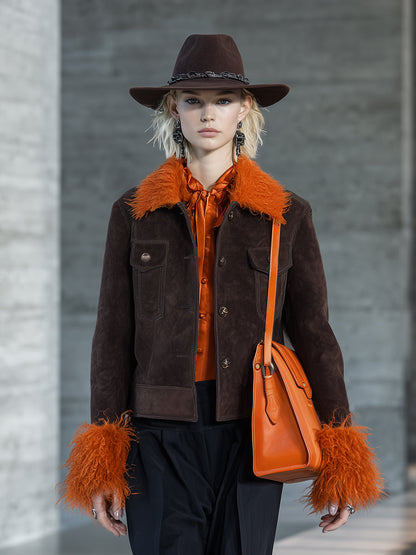 Veste en Suède Marron avec Col en Fourrure Synthétique Orange - Élégance et Style Haut de Gamme