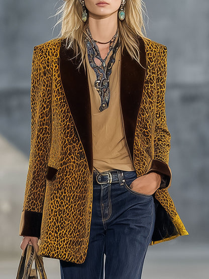 Veste Vintage en Velours Doré avec Imprimé Léopard