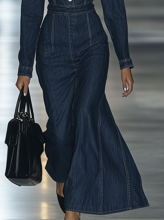 Robe Maxi Vintage en Denim à Lacets - Slim Fit, Manches Longues | Expédition Rapide en 24 Heures