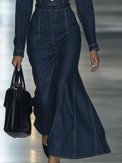 Robe Maxi Vintage en Denim à Lacets - Manches Longues, Style Slim Décontracté - Expédition Rapide sous 24 Heures