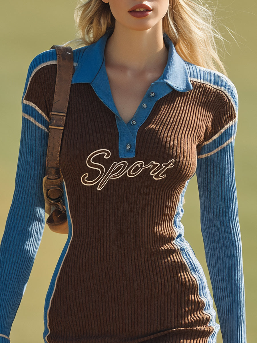 Robe Mini Tricotée Marron à Col Polo avec Détails Bleus