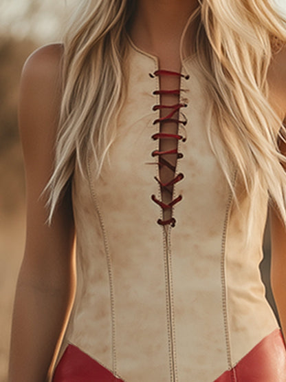 【Expédition Rapide en 24h】Robe Mini Élégante Sans Manches au Style Western Rétro avec Franges Contrastées