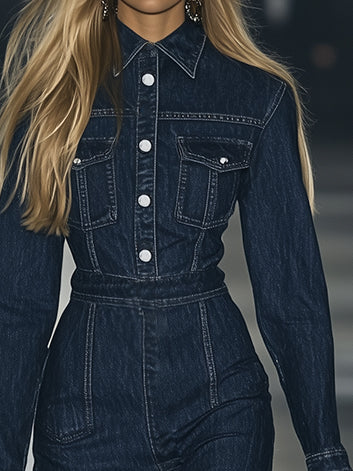 Robe Maxi Vintage en Denim à Lacets - Slim Fit, Manches Longues | Expédition Rapide en 24 Heures