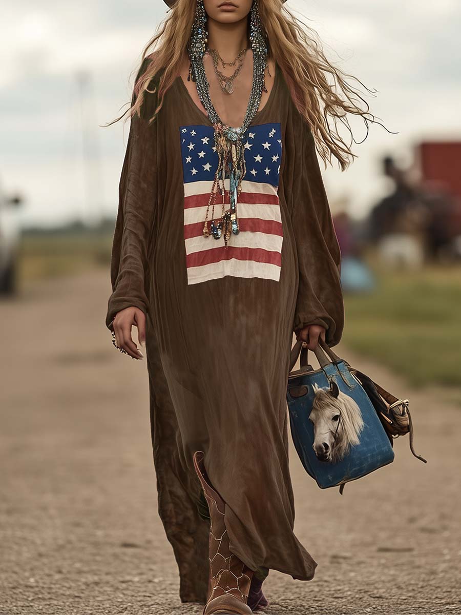 Robe Maxi Décontractée en Coton Rose avec Imprimé Drapeau Vintage - Livraison en 24 Heures