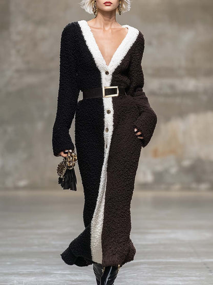 Robe Maxi en Polaire Brun Foncé avec Col V et Fermeture Contrastée - Élégance Rétro