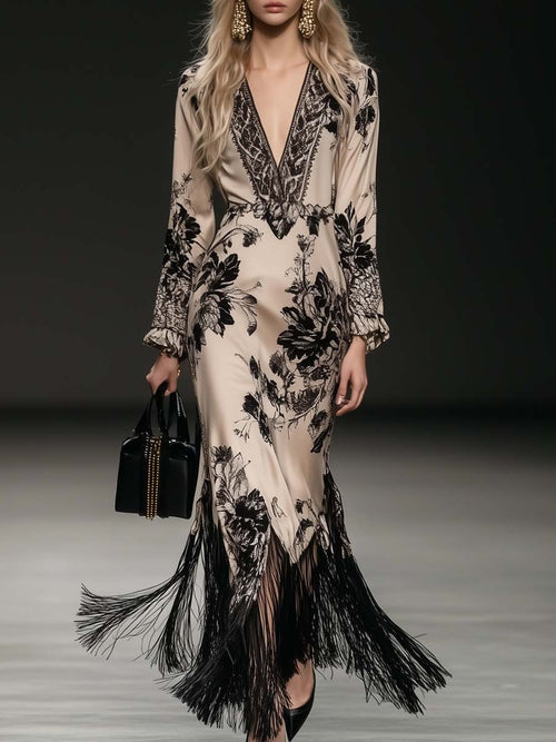 Robe Maxi Bohémienne en Satin Beige à Imprimé Floral avec Franges et Décolleté en V
