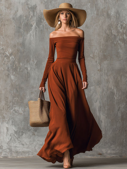 Vintage-Inspired Orange Maxi Dress with Elegant Décolleté