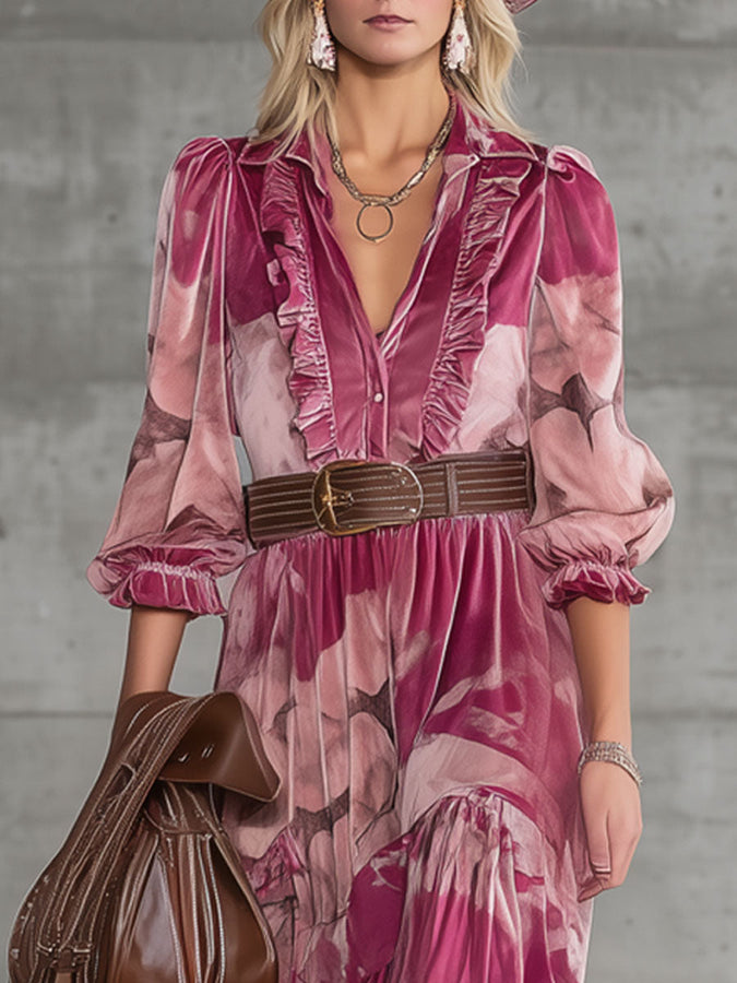Robe Maxi Velours Rose avec Imprimé Cerf Sika – Élégance Nomade Urbaine Rétro
