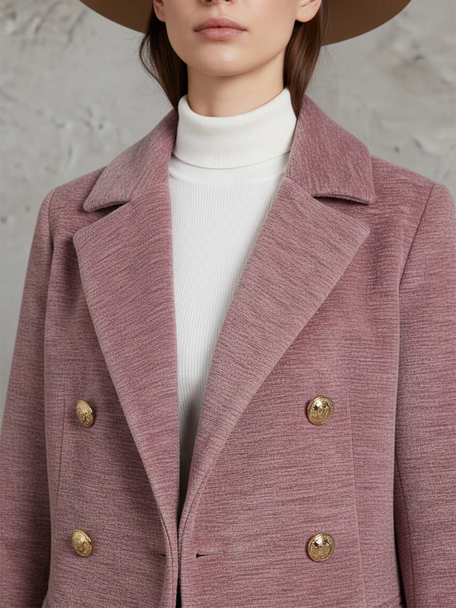 Élégant Manteau en Chenille Rose à Double Boutonnage : Chaleur et Style Assurés
