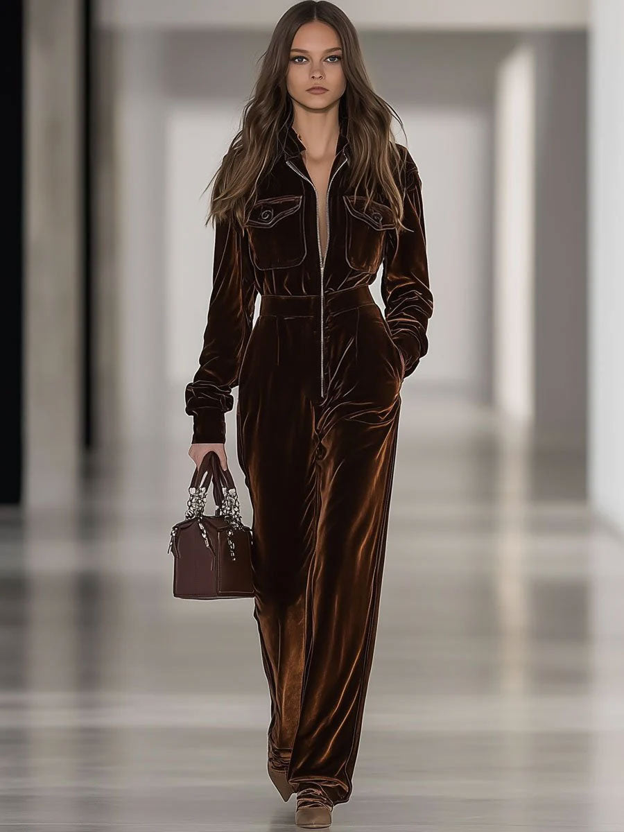 【Expédition en 24 heures】Combinaison Vintage en Velours Ample avec Poches Multiples et Fermeture Éclair - Manches Longues