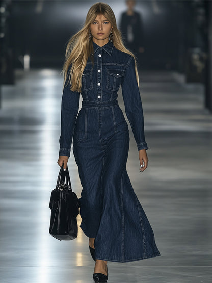 Robe Maxi Vintage en Denim à Lacets - Slim Fit, Manches Longues | Expédition Rapide en 24 Heures