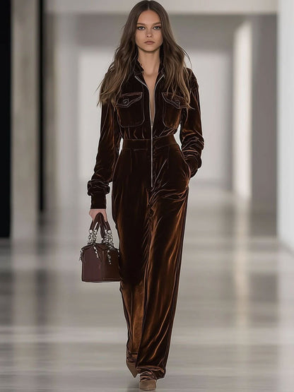 Combinaison Vintage en Velours Ample avec Poches Multiples et Fermeture Éclair - Expédition sous 24 heures