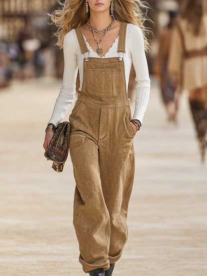 Retro Western Brown Casual Overalls