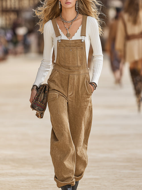 Retro Western Brown Casual Overalls