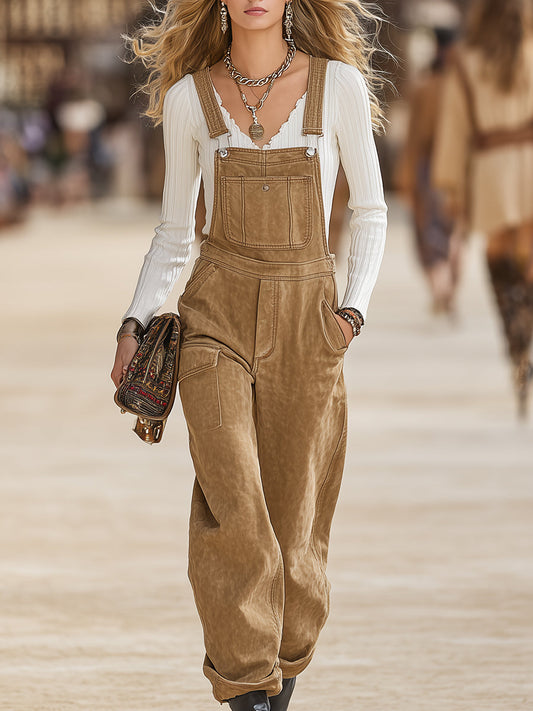 Retro Western Brown Casual Overalls