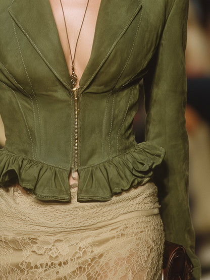 Veste courte zippée vintage western en vert armée avec volants