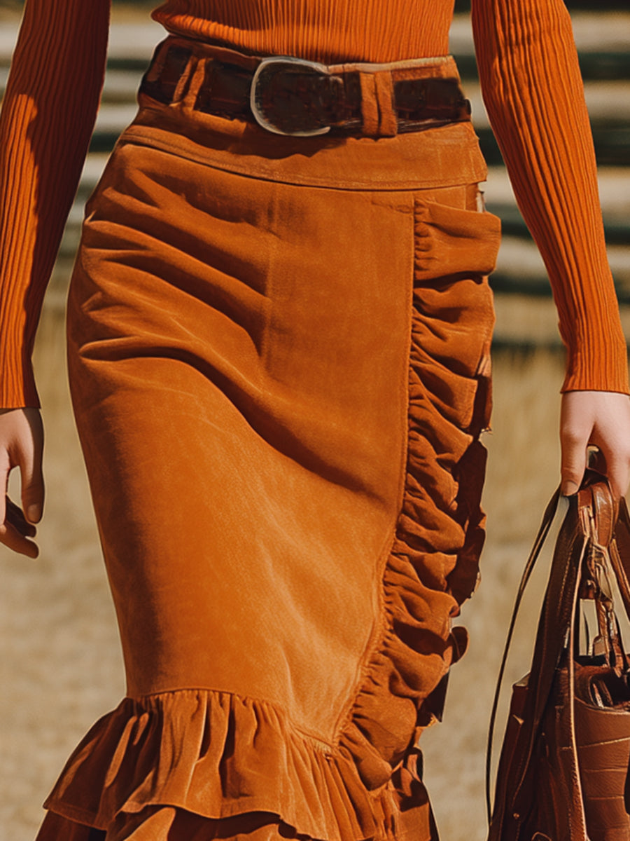 Jupe Orange en Suédine avec Volants – Style Western Rétro Chic