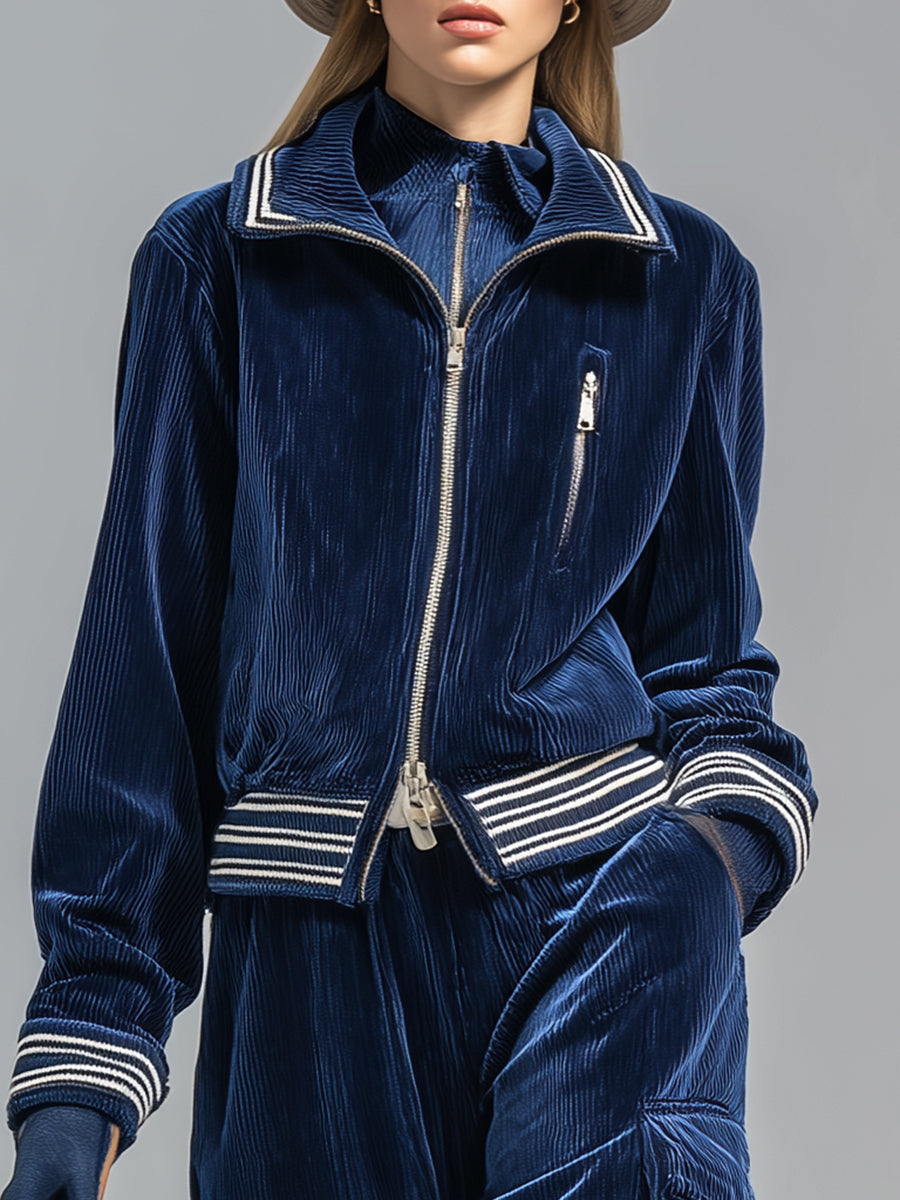 Ensemble Rétro en Cordon Bleu Foncé : Veste et Pantalon Chic