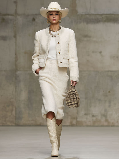 Ensemble Fleece Élégant avec Veste à Poches et Jupe à Col Rond