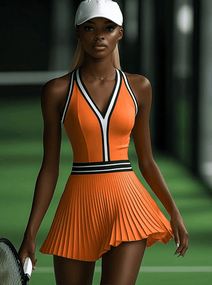 Robe Mini Plissée Sans Manches Orange à Rayures Noires et Blanches - Expédition Rapide en 24 Heures!