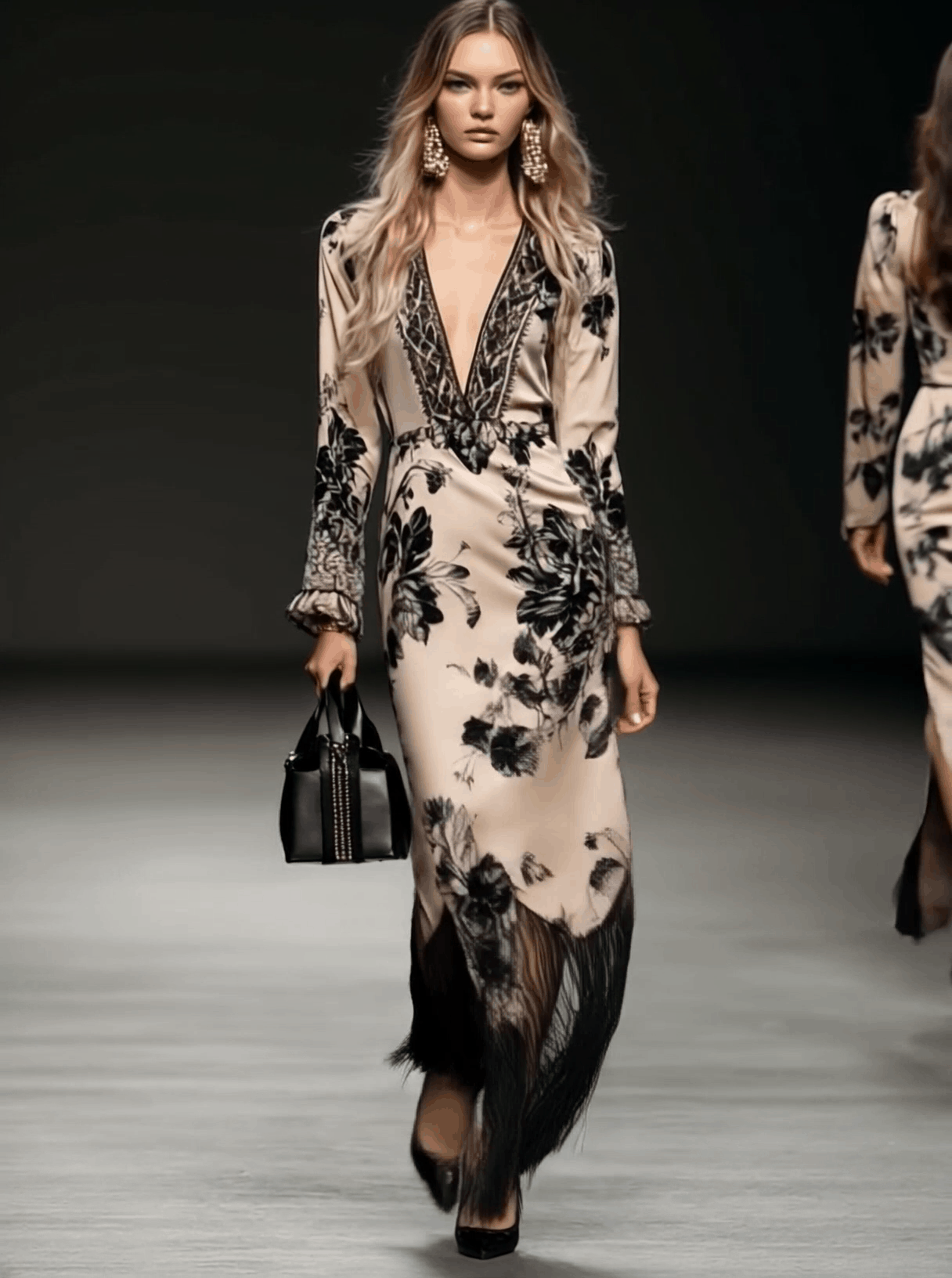 Robe Maxi Bohémienne en Satin Beige à Imprimé Floral avec Franges et Décolleté en V