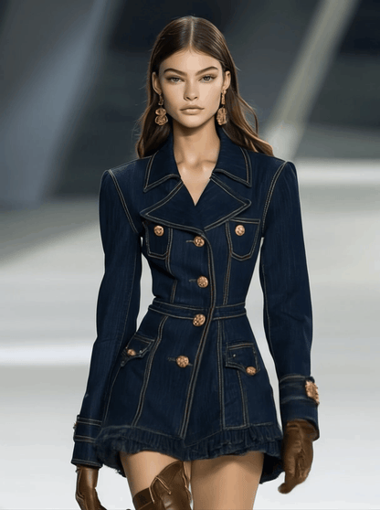 Robe Mini en Denim à Col Large et Ourlet Volanté - Expédition Rapide en 24h