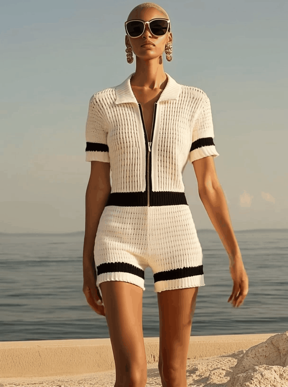 【Expédition rapide en 24 heures】Combinaison en tricot à manches courtes avec zip avant